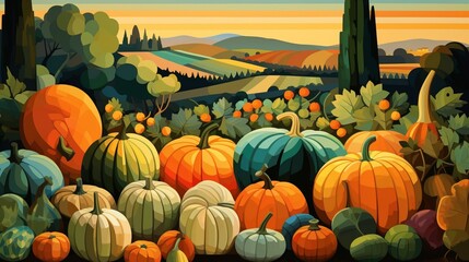 An illustration of pumpkins in a field - obrazy, fototapety, plakaty