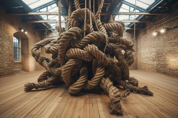 A large rope sculpture fills a room - obrazy, fototapety, plakaty