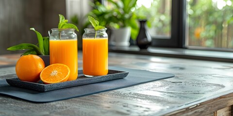 a serene and inviting scene of two glasses filled with freshly squeezed orange juice placed on a rustic wooden table