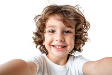 Portrait of cute little kid taking selfie posing with smile and attractive focus look, isolated on transparent png background.