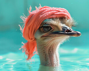 an ostrich relaxing by the pool with a beach towel turban - obrazy, fototapety, plakaty