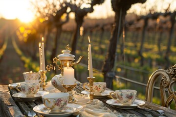 candles and fine china on a table by a vineyard