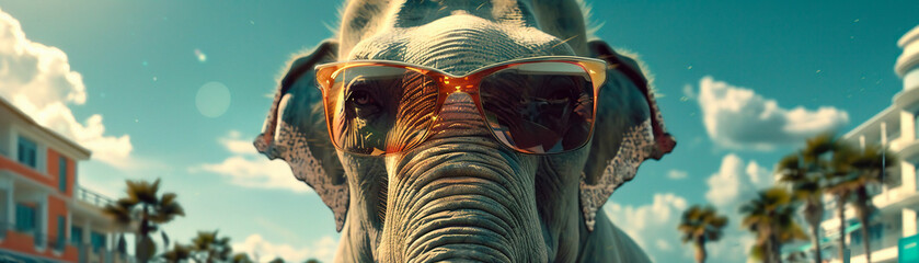 Imagine an elephant strutting down the boardwalk in trendy sunglasses - obrazy, fototapety, plakaty