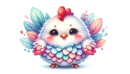 A plump, whimsical chick with leaf-patterned feathers sits contentedly. Easter celebration.