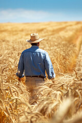 Naklejka na ściany i meble Farmer walking through a golden wheat field 