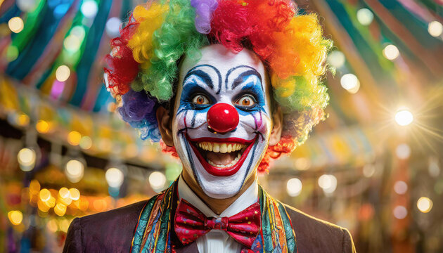 Portrait of scary spooky clown monster from horror movie. Evil clown face.