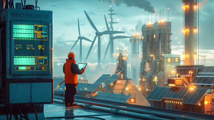 A man in an orange vest is looking at a computer screen while standing on a rooftop. The scene is set in a futuristic city with tall buildings and wind turbines - obrazy, fototapety, plakaty