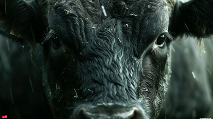 A close up of a cow's face with its eyes open and its mouth wide. The cow appears to be angry or aggressive - obrazy, fototapety, plakaty