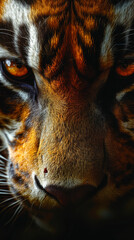 A close up of a tiger's face with its eyes open and its mouth wide