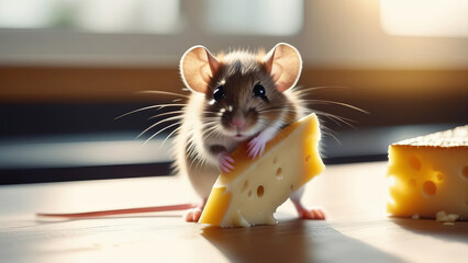 A cheerful little mouse eats a large piece of yellow cheese with holes. In the backdrop of a spacious bright kitchen, beautiful sunlight.