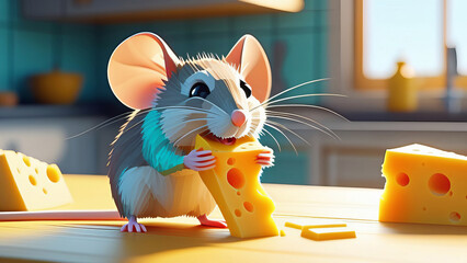 A cheerful little mouse eats a large piece of yellow cheese with holes. In the backdrop of a spacious bright kitchen, beautiful sunlight. - obrazy, fototapety, plakaty