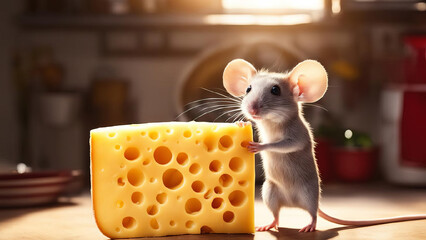 A cheerful little mouse eats a large piece of yellow cheese with holes. In the backdrop of a spacious bright kitchen, beautiful sunlight. - obrazy, fototapety, plakaty
