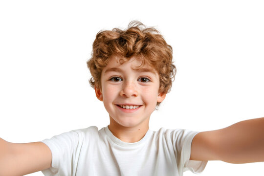 Naklejki Portrait of cute little kid taking selfie posing with smile and attractive focus look, isolated on transparent png background.