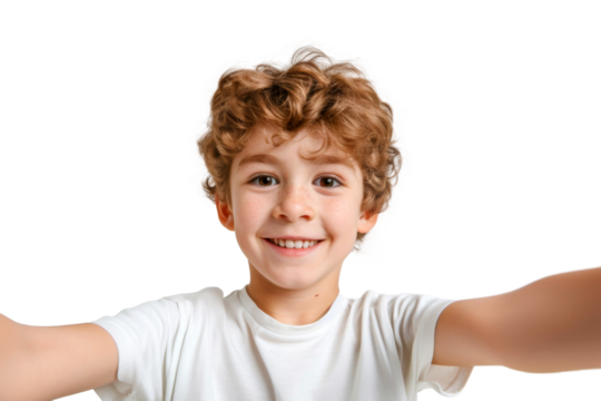 Portrait of cute little kid taking selfie posing with smile and attractive focus look, isolated on transparent png background. - Powered by Adobe