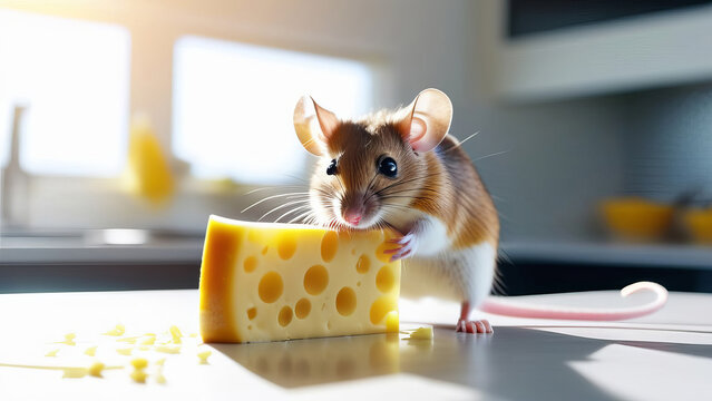 A cheerful little mouse eats a large piece of yellow cheese with holes. In the backdrop of a spacious bright kitchen, beautiful sunlight.