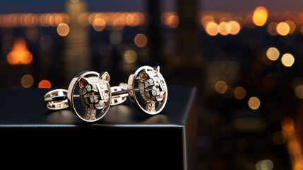 Two cufflinks with a tiger head design are displayed on a black box. The cufflinks are made of gold and have a diamond design. The image has a warm and luxurious feel to it - Powered by Adobe