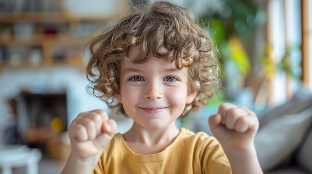 Happy kid with hearing disability studying sign language and learning to communicate at home. Day of disability. International day of persons with disabilities.