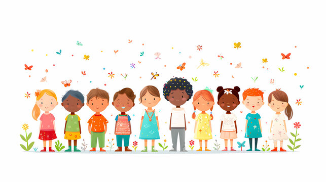 Happy Children's Day card, Children of different ethnicities, illustration. Diverse cartoon children  with space for text. 