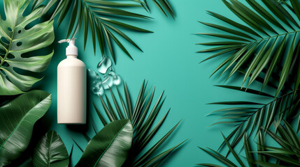 A bottle of lotion is placed on a green background with leaves. The bottle is white and has a pump on top. The leaves are green and appear to be fresh and healthy. Scene is calm and relaxing