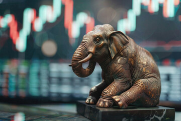 Fototapeta na wymiar A gold elephant statue sits on a pedestal in front of a graph of stock prices