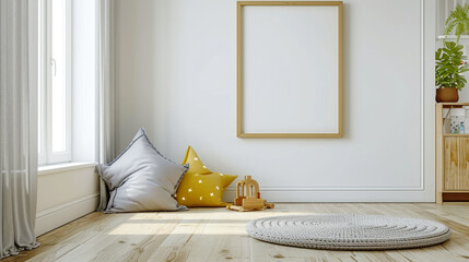 A white room with a wooden frame and a window. The room is empty and has a minimalist feel - obrazy, fototapety, plakaty