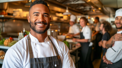 A chef is smiling and posing for a picture in a kitchen. There are several other people in the background, some of whom are also smiling. The atmosphere seems to be friendly and welcoming