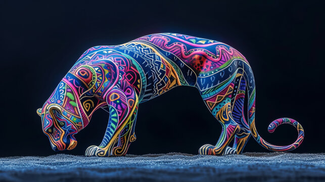 A colorful tiger is painted on a black background. The tiger is wearing a colorful patterned outfit and he is reaching for something. Scene is playful and whimsical, as the bright colors