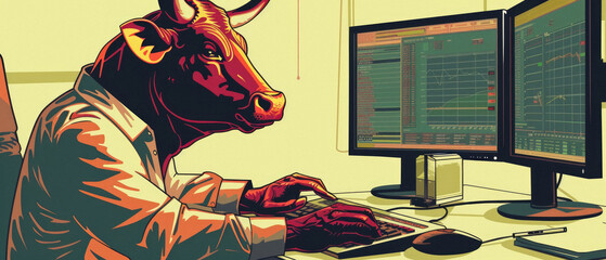 Bull stock trading investor trader analyzing finance charts as concept of stock exchange market rise, investment profit growth, growing economy, financial prosperity, success. Bullish stock market.