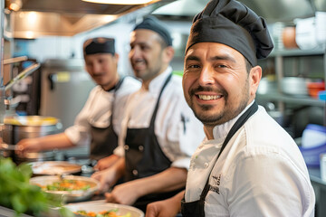 Smiling chef with two cooks preparing food in a restaurant kitchen
