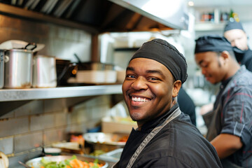 Smiling chef with two cooks preparing food in a restaurant kitchen
