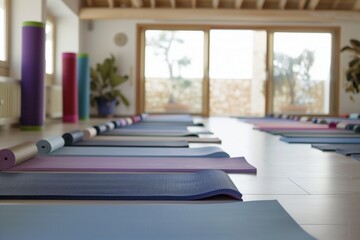 neatly aligned yoga mats in a spacious room - obrazy, fototapety, plakaty