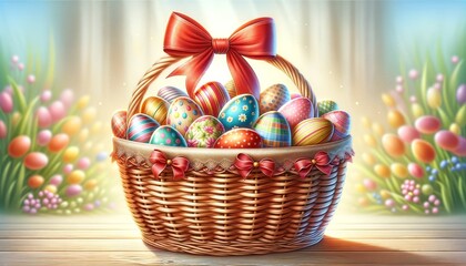 An enchanting Easter scene featuring a basket filled with colorfully decorated eggs, embellished with a red bow, amidst a backdrop of spring flowers and soft light.
