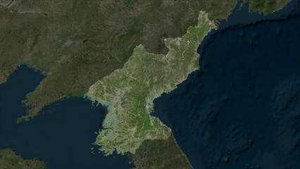 North Korea highlighted. High-res satellite map