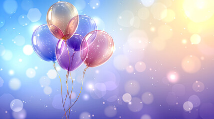 A bunch of balloons with a blue background. The balloons are purple and pink. The background is blurry and has a light blue color