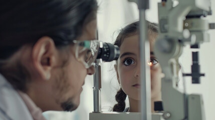 An ophthalmologist checks the child's eyesight on a device in the office of the polyclinic.
