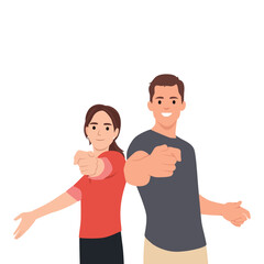 Caucasian young spouses couple pointing at camera, choosing you for new opportunities. Flat vector illustration isolated on white background