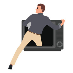 Young man step inside retro TV. Flat vector illustration isolated on white background