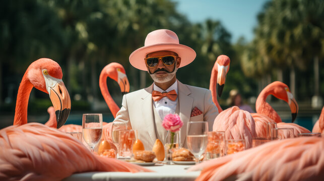 A man in a pink hat sits at a table with a group of flamingos. The scene is whimsical and playful, with the man and the flamingos appearing to be posing for a photo