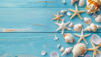 beach, tranquil, seashells, starfish, coastal, decor, ocean, summer, vacation, relaxation, blue, wooden, background, sand, nature, seaside, holiday, tropical, shell, star, seashore, scenic, sunny, ser