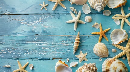 Tranquil beach scene with sea shells and starfish on blue wooden background - coastal decor concept