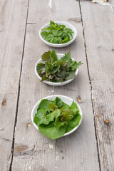 White bowls with fresh stinging oil, gourd and garlic rocket on a wooden background 
