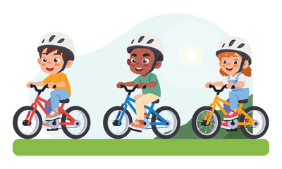 little kid boy and girl ride a bicycle in the park.