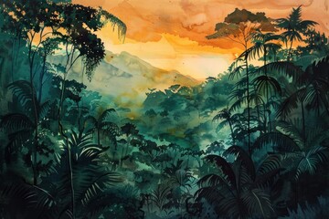 Mystical rainforest landscape with vibrant green vegetation and a setting sun creating a warm glow. Perfect for travel and tourism industry.
