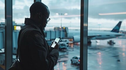 Business traveler checking flight schedule at airport window with plane taking off - technology,...