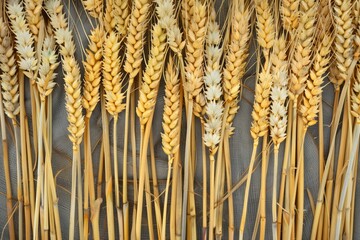 golden wheat sheaves arranged in a row at harvest time - obrazy, fototapety, plakaty