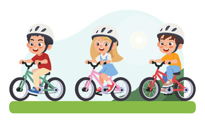 little kid boy and girl ride a bicycle in the park.