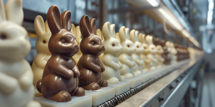 Süßer Schokoladen Osterhase in der Fabrik am Fließband bei der Produktion Nahaufnahme, ai generativ