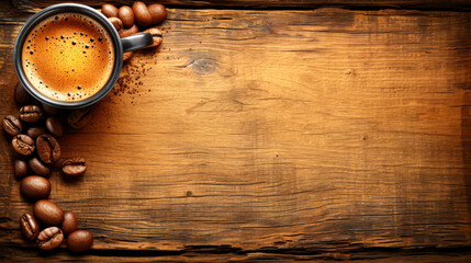 A wooden table with a cup of coffee and a pile of coffee beans. The coffee beans are scattered around the cup, creating a cozy and inviting atmosphere. Concept of warmth and comfort