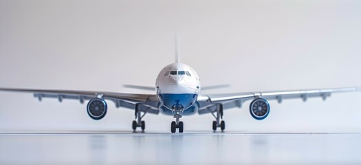 Miniature Model Airplane Poised for Takeoff on Pristine White Background with Ample Copy Space