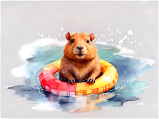 Cute capybara in a swimming circle, watercolor illustration, png on transparent background